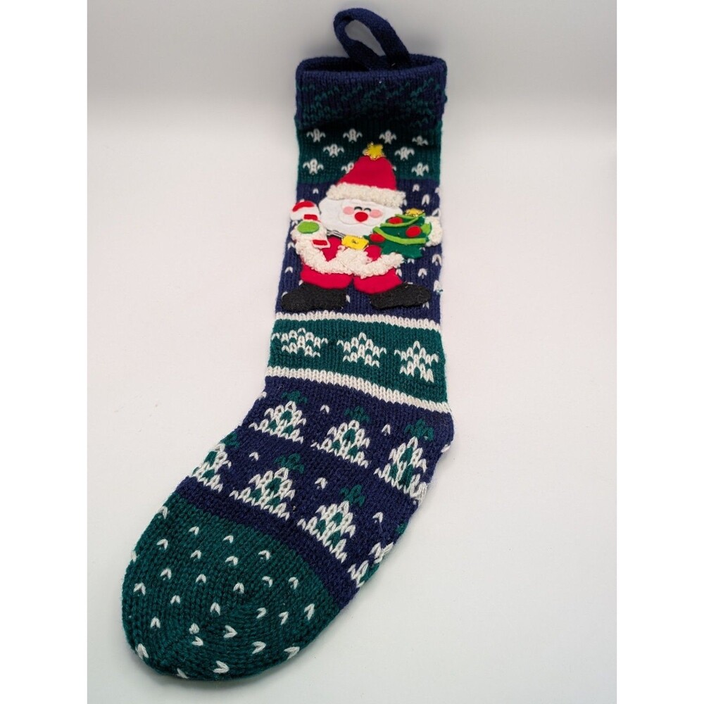 Vintage Knit Christmas Stocking Santa Claus Felt Applique Tree Candy Cane Navy